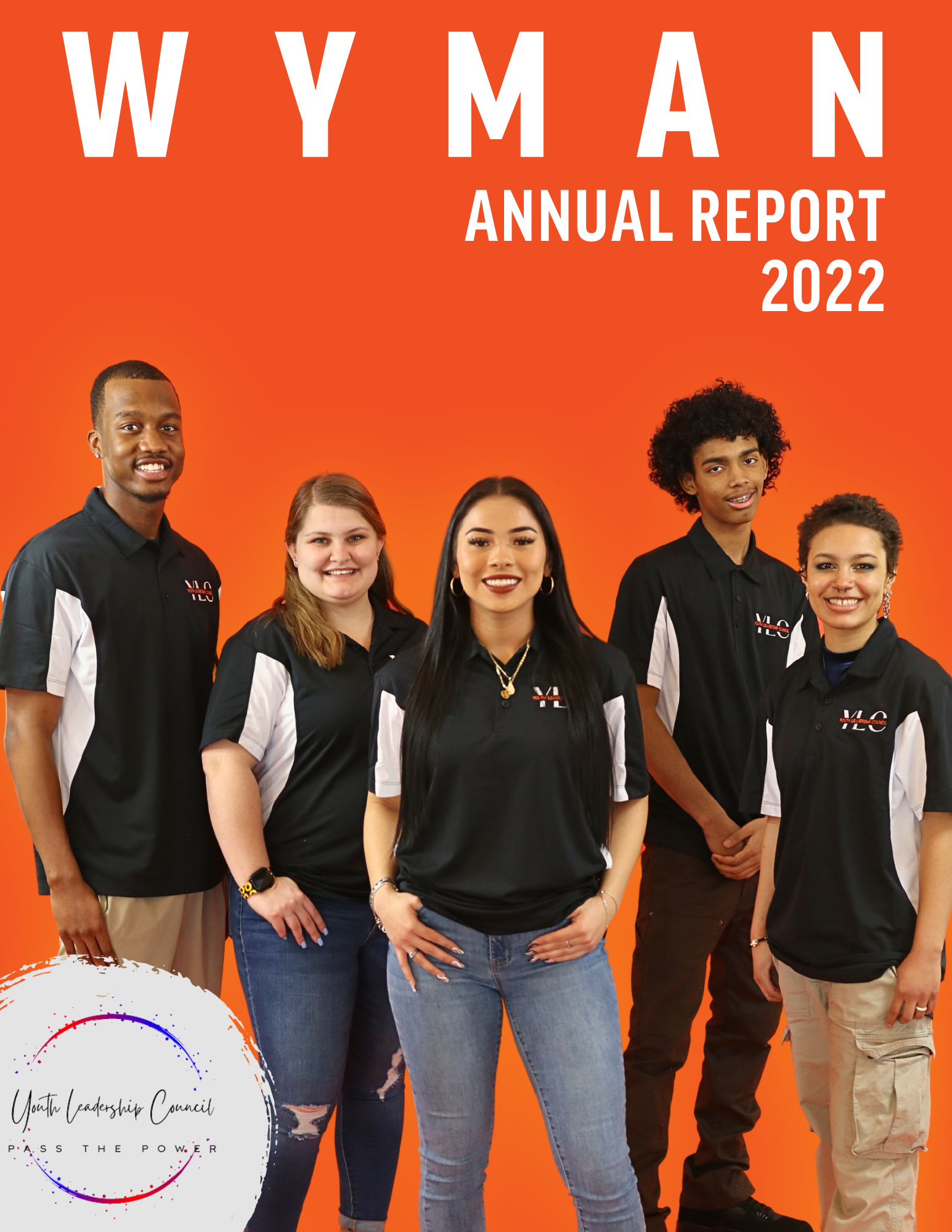 2022 Annual Report front cover featuring a group of young people posed and smiling at the camera in front of an orange background