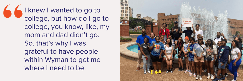 quote from teen about college and an image of teens posing for the camera in front of a fountain