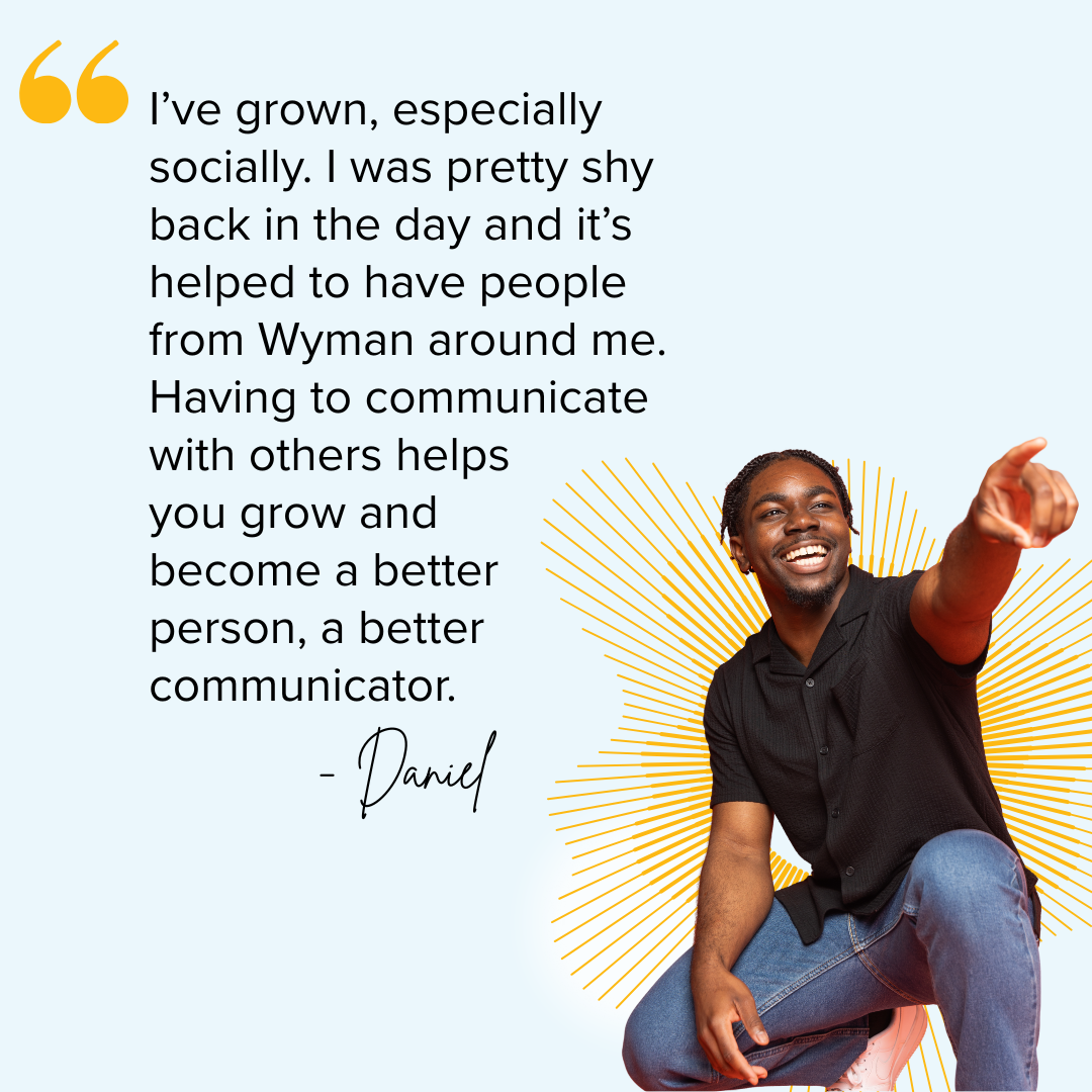 teen smiling and pointing in the distance with quote