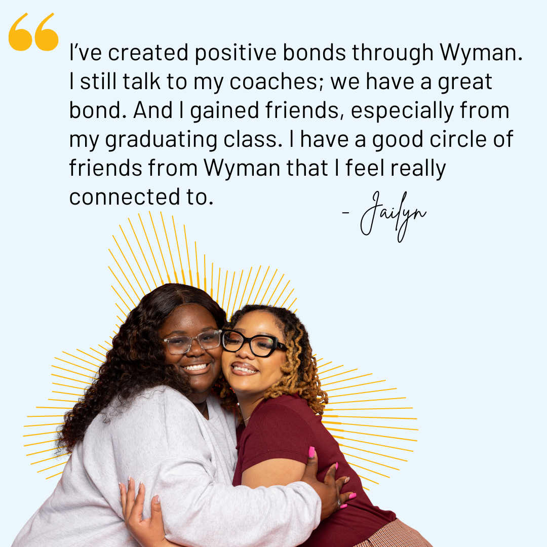 Teen and her coach smiling with a quote